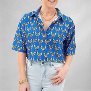 Zara XL Parrot Print Cropped Shirt Silky Satin Blue Yellow Button-Up Box…